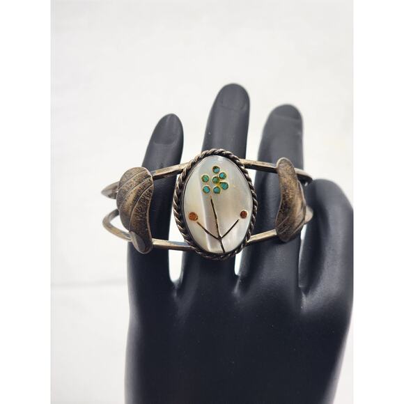 Zuni Jewelry Sterling Cuff Bracelet Coral Turquoise MOP 17g Native American 6" - Picture 9 of 16